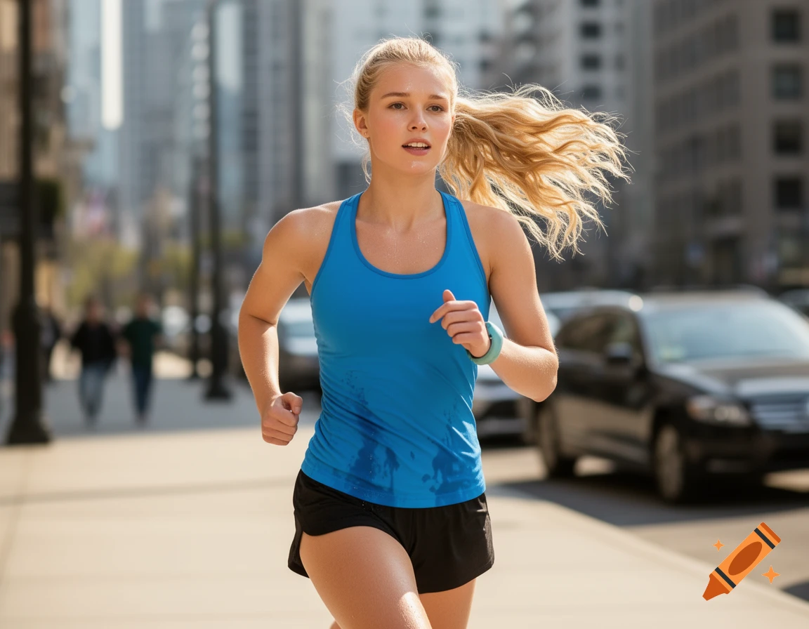 A blonde woman in a blue tank top and black shorts runs on a city sidewalk. Sweat marks are visible.