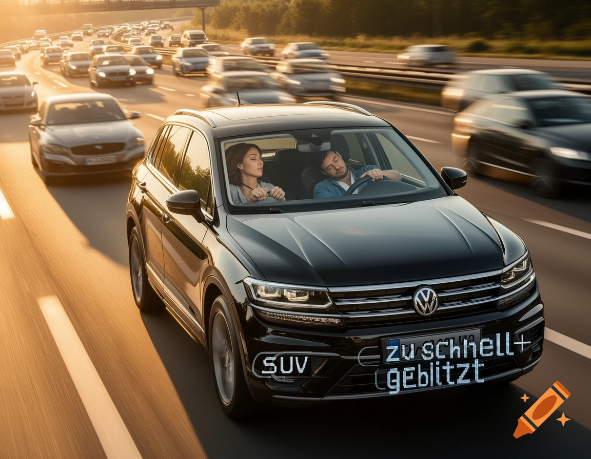 A black SUV on a highway at sunset, with a woman driving and a man sleeping. The car displays "SUV zu schnell+ geblitzt" on its front.