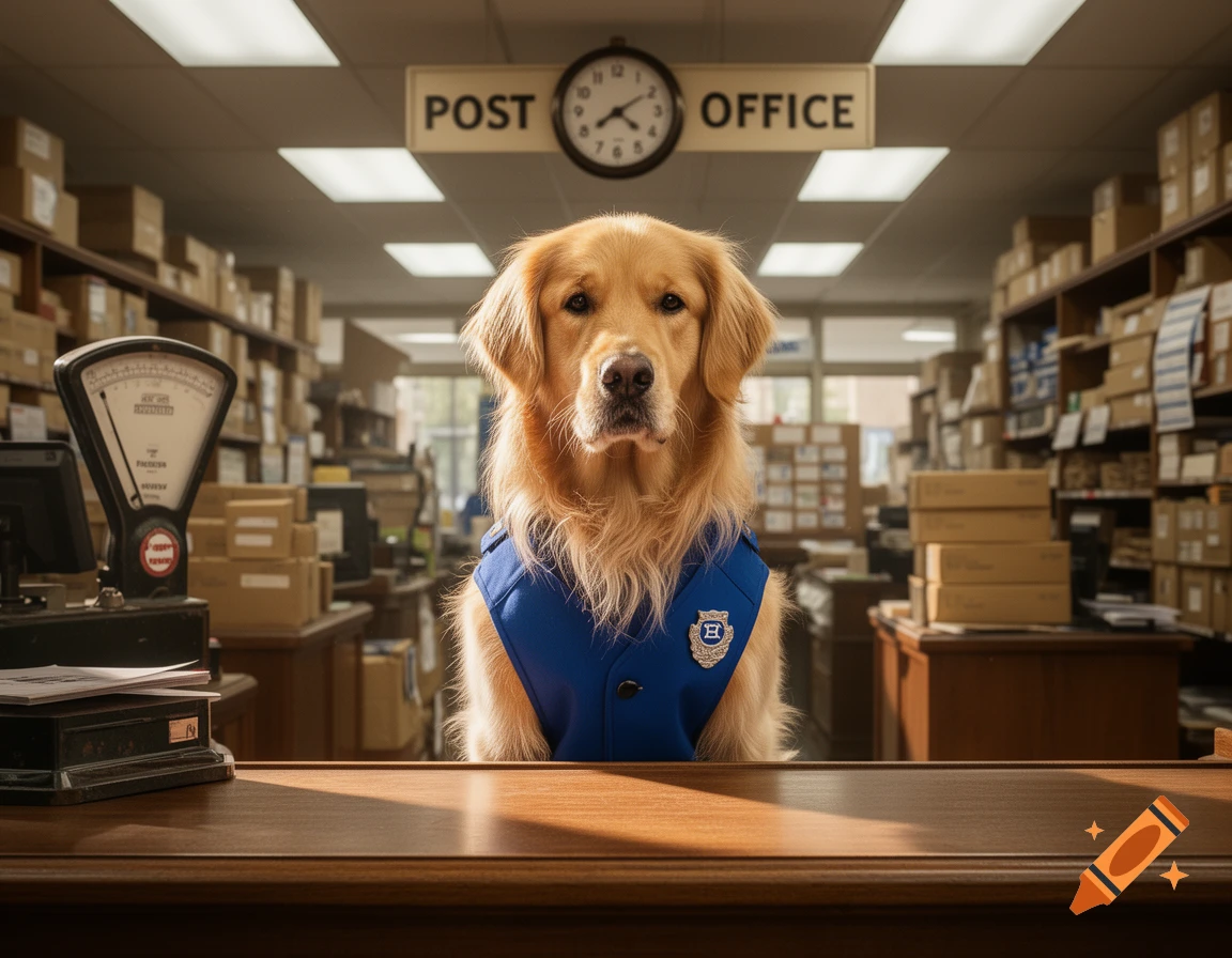 A photorealistic Golden Retriever in a blue uniform stands behind a wooden counter in a post office, with shelves of packages.