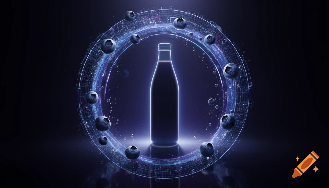 A glowing silhouette of a blueberry milk bottle surrounded by digital arcs and floating blueberries against a dark, surreal background.