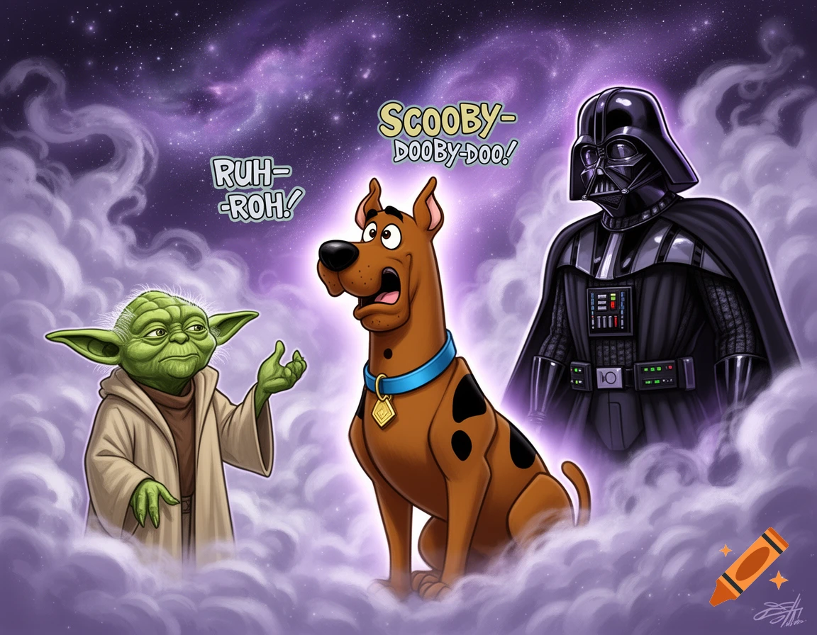 Scooby-Doo looks surprised next to Yoda and Darth Vader amidst purple cosmic clouds, cartoon style.