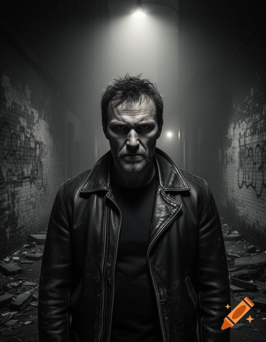 Black and white portrait of a stern man in a leather jacket standing in a dark, atmospheric alley.