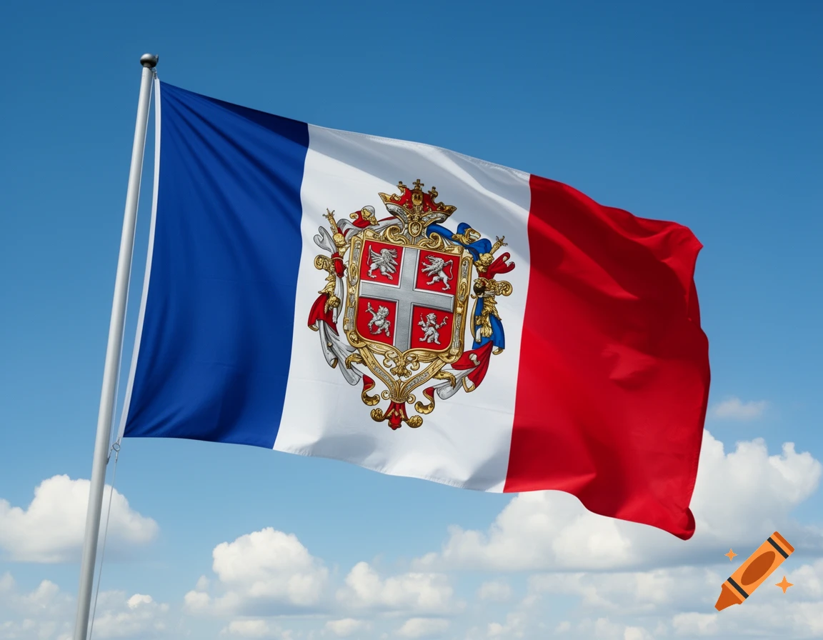 A French flag with a custom coat of arms, combining the House of Savoy crest, waving against a blue sky with clouds.
