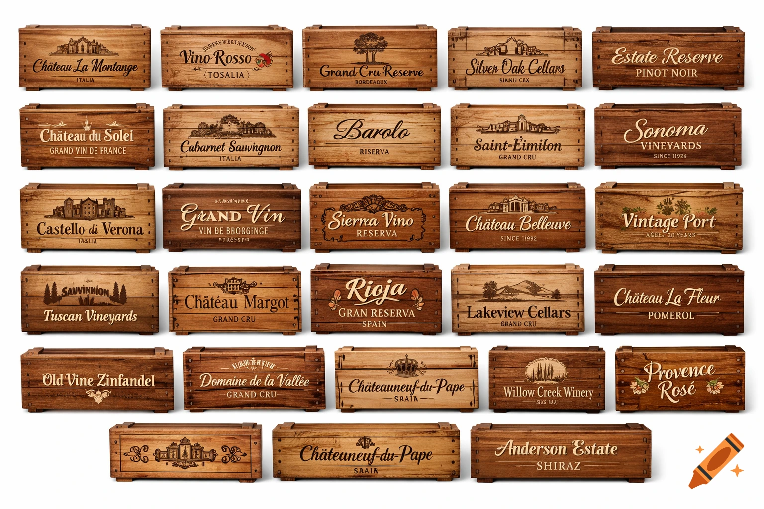 A grid of 30 individual wooden wine crates with various engraved labels and illustrations on a white background.