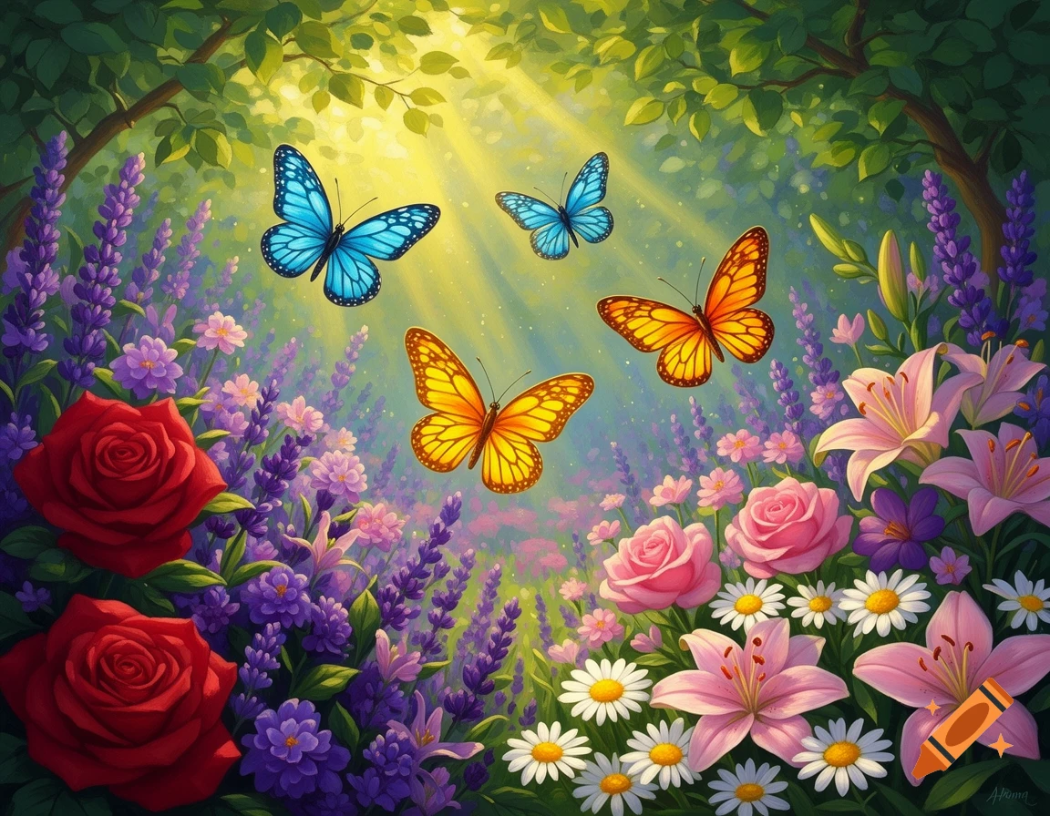 Colorful butterflies fly among a vibrant garden of red roses, pink lilies, purple lavender, and white daisies, with dappled sunlight.