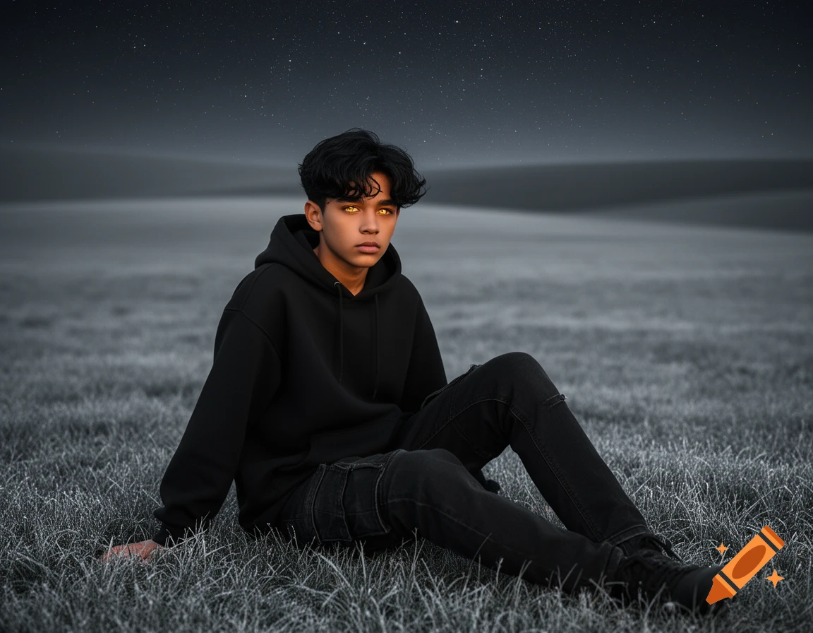 A young boy with glowing golden eyes sits on a grassy field at night under a starry sky, wearing a black hoodie and jeans.
