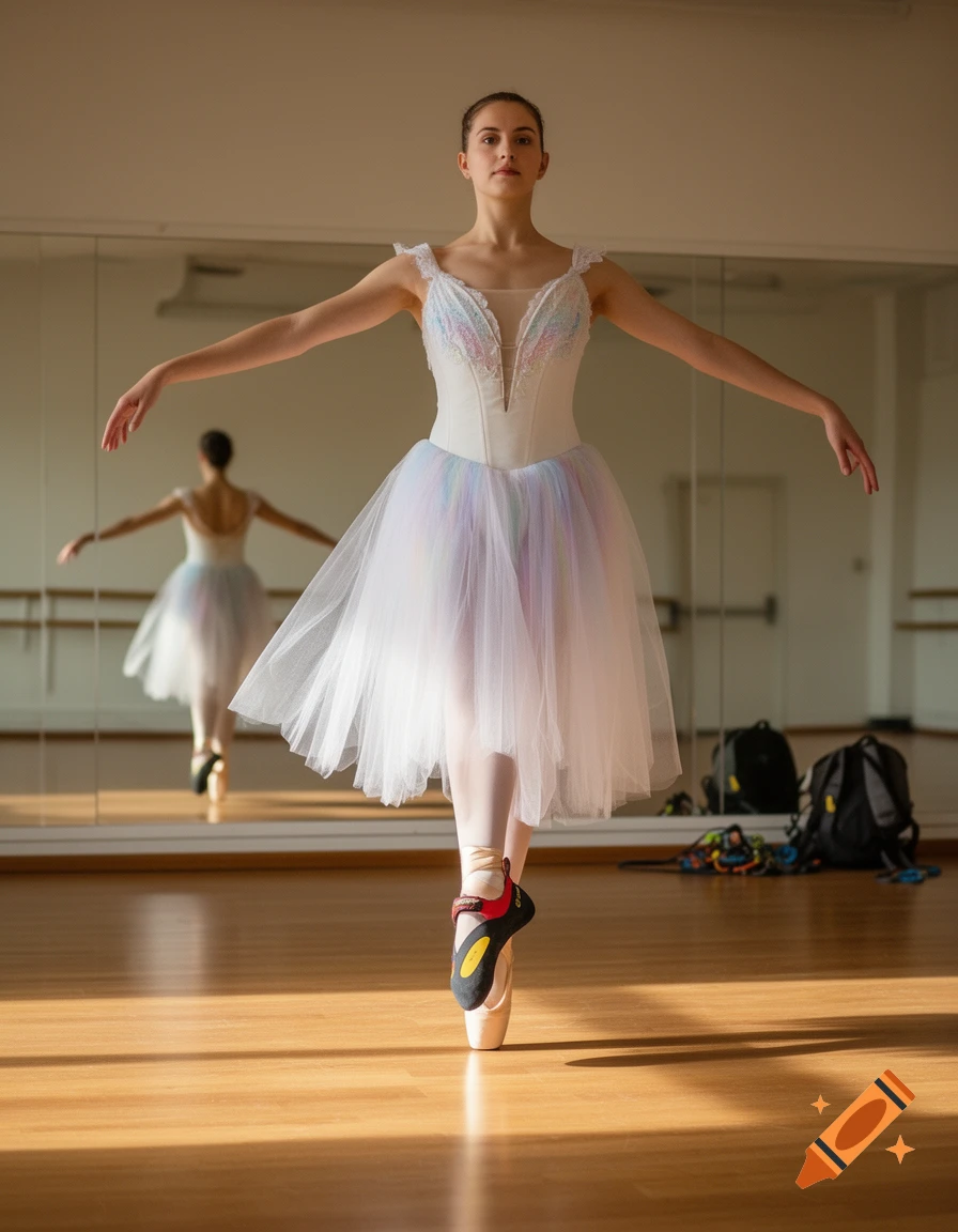 A ballerina in a white and pastel tutu stands en pointe with one climbing shoe on in a sunlit dance studio with mirrors.