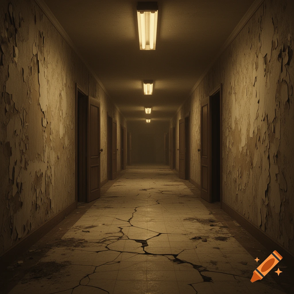 A long, dark, dilapidated hallway with peeling paint on walls, cracked floor tiles, and fluorescent lights receding into a foggy distance.