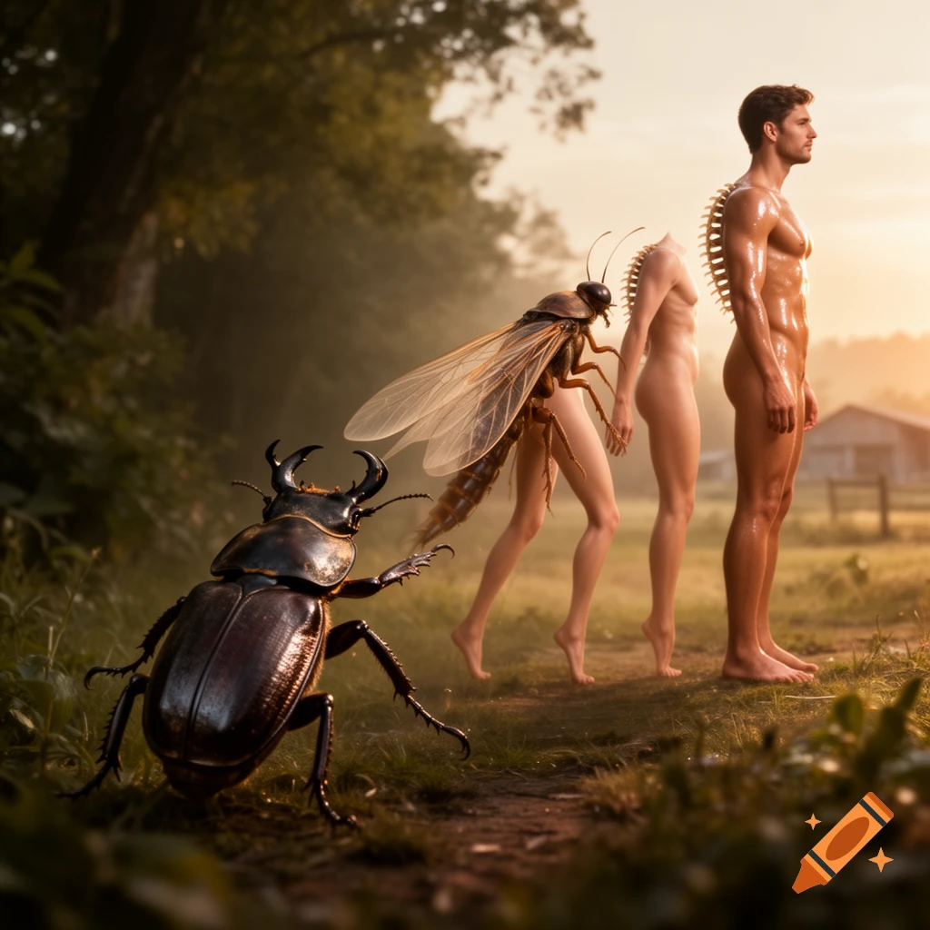 Photorealistic surreal evolution from a beetle to a man, through insect-human hybrids, in a misty forest path at sunrise.