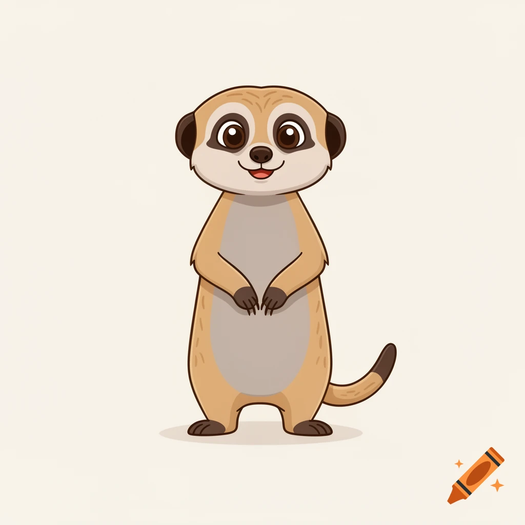 A cute cartoon meerkat stands upright on a light background, looking forward with a small smile.