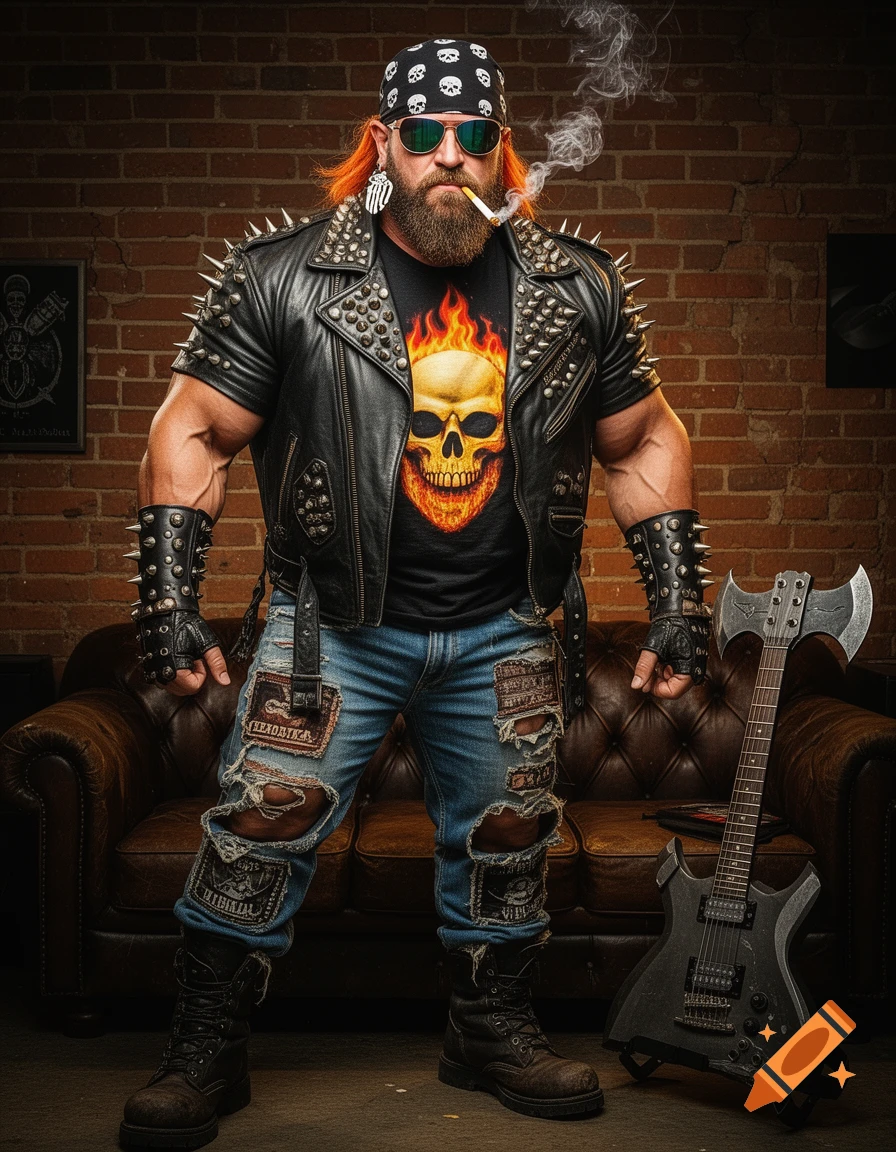 A muscular man with a beard, sunglasses, and a skull bandana wears a studded leather vest over a flaming skull t-shirt, ripped jeans with patches, and boots. He smokes a cigarette, and an axe-guitar leans against a leather couch beside him.