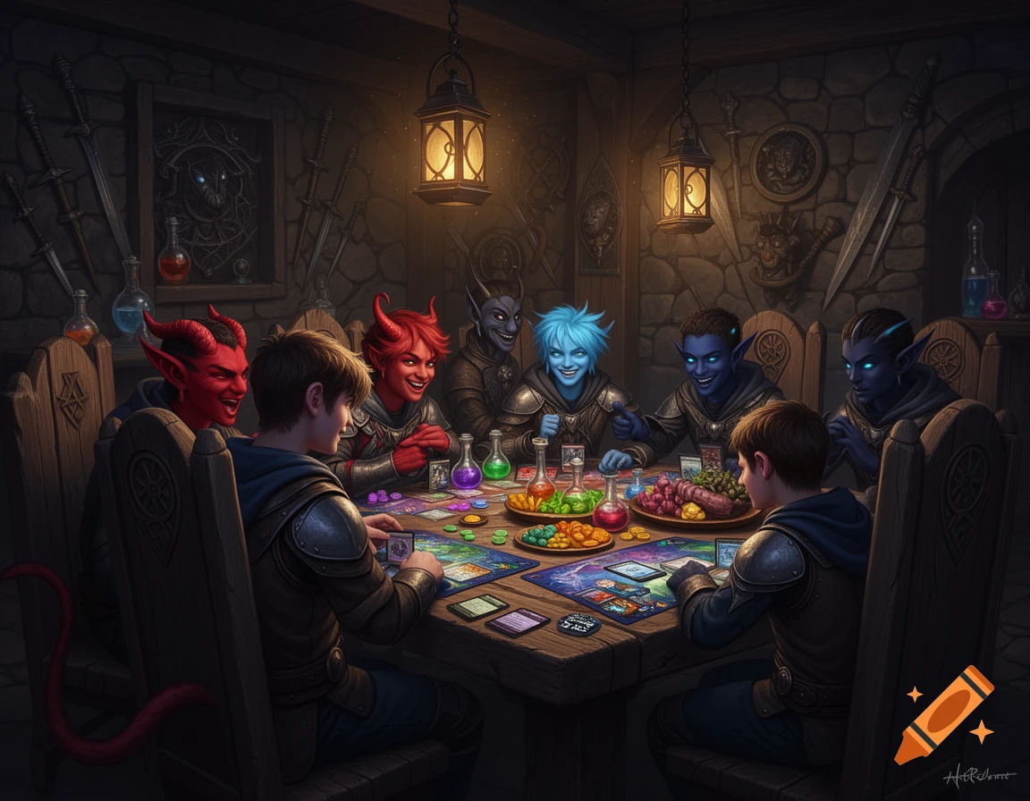 Fantasy characters, including Tieflings and dark elves, play a tabletop game around a wooden table in a dimly lit tavern.