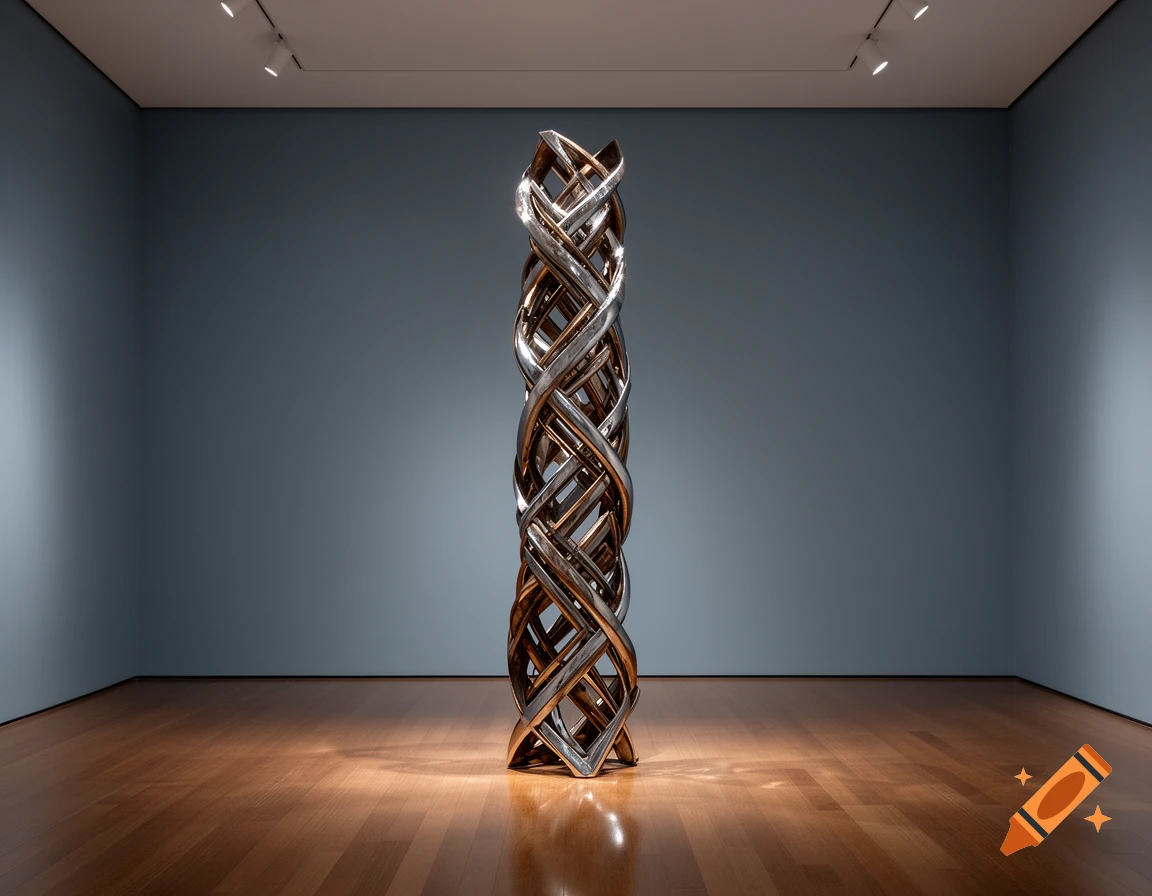 A tall, intertwined metallic sculpture with silver and bronze tones stands in a modern museum gallery with a blue-gray wall and wooden floor.