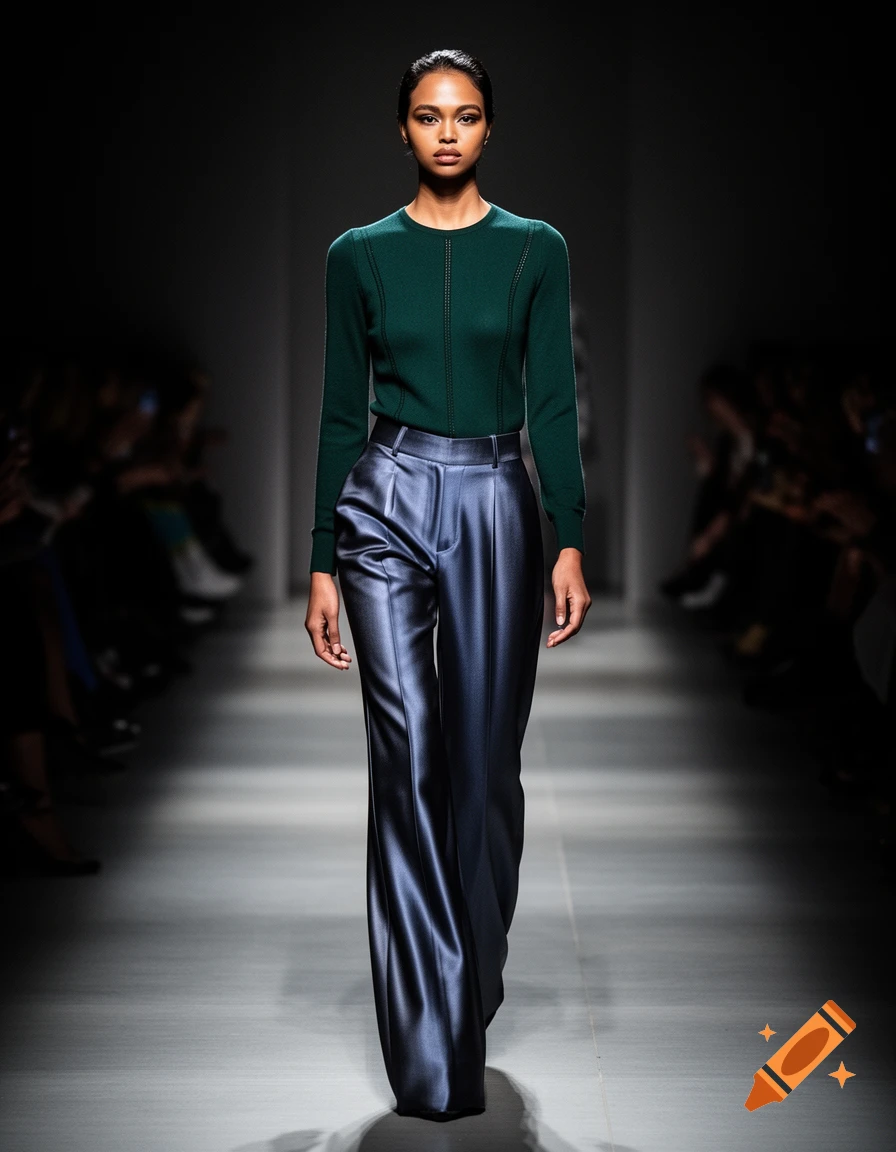 A female model on a runway, wearing a dark green long-sleeve top and shiny blue wide-leg pants under dramatic lighting.