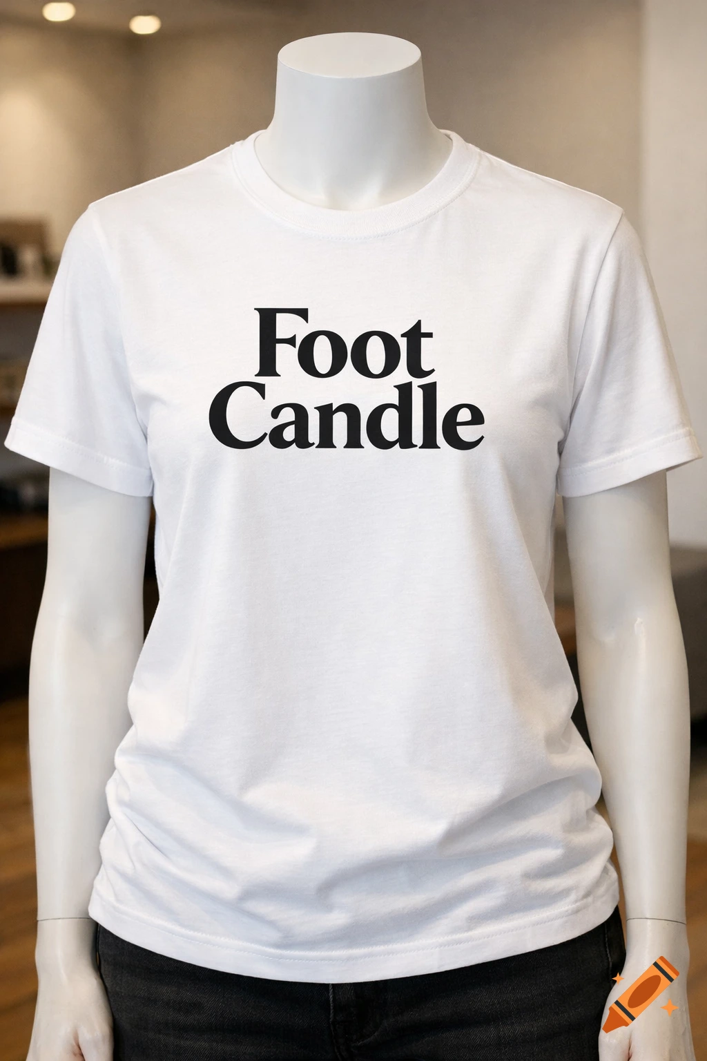 White t-shirt with "Foot Candle" text displayed on a mannequin in a store setting.