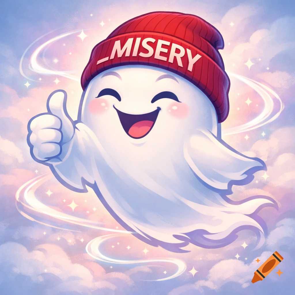 A cute cartoon ghost with a happy expression gives a thumbs up while wearing a red beanie that says _MISERY. It floats among sparkling clouds in a blue and pink sky.