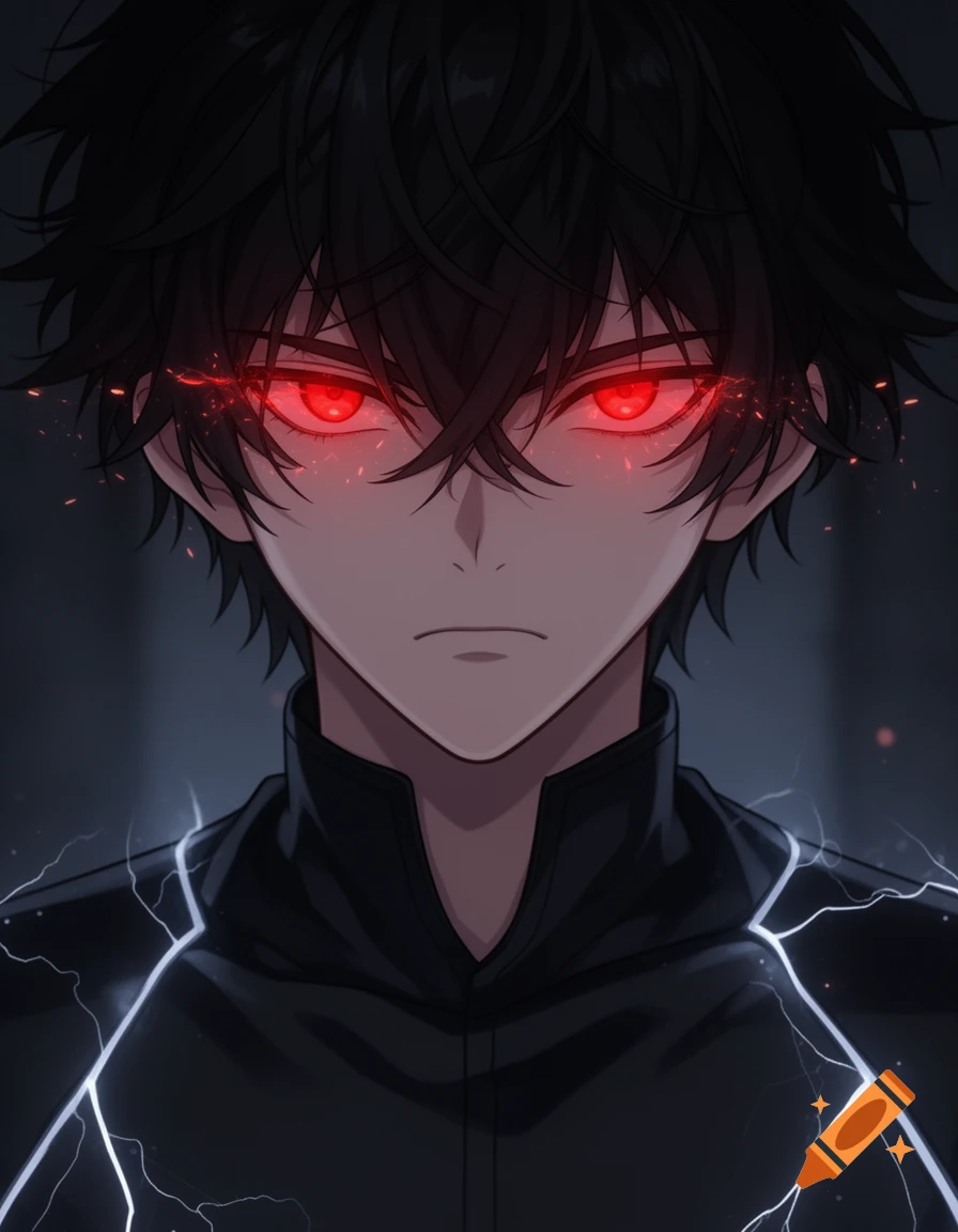 Close-up anime portrait of a serious teenage boy with messy black hair, glowing red eyes, and white lightning energy around his dark clothing.
