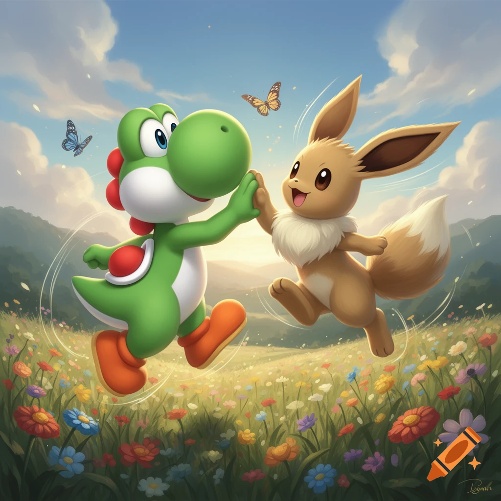 Yoshi high fives Eevee while jumping in a vibrant, sunny flower meadow with butterflies in the sky.