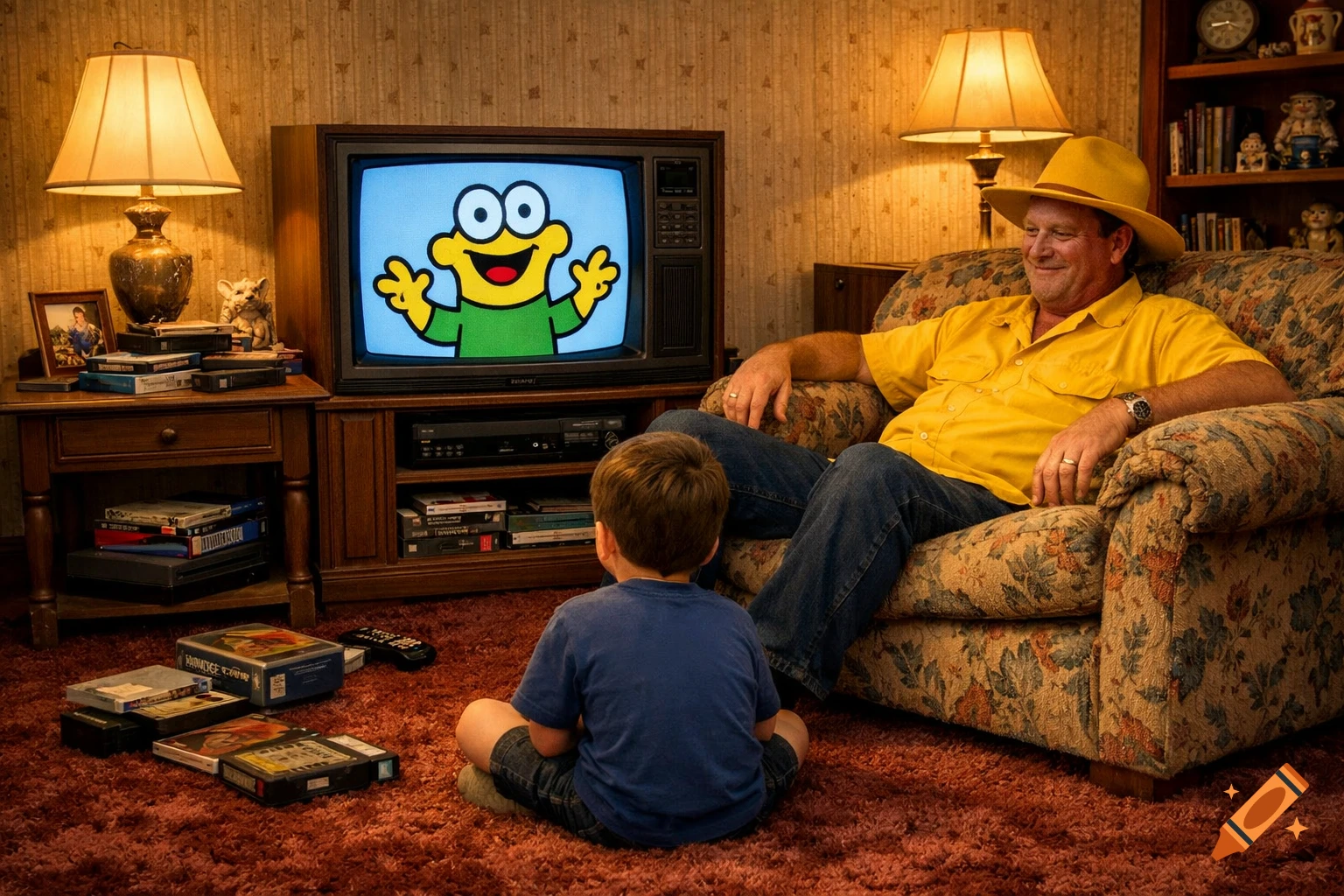 A man in a yellow shirt and hat watches a child sitting on a shag carpet, both looking at a retro TV showing a cartoon, surrounded by VHS tapes in a 90s living room.