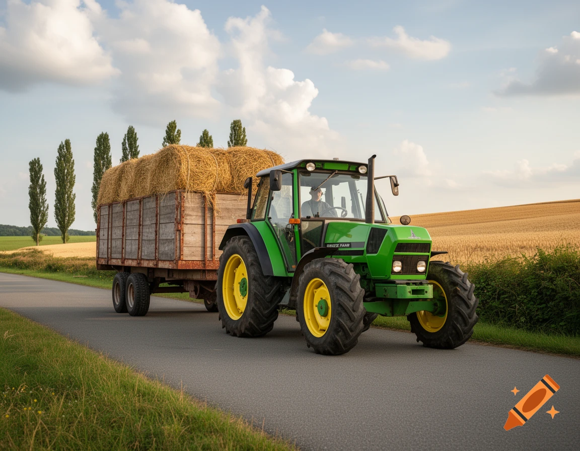 A green Deutz Fahr tractor pulls a wooden trailer loaded with hay bales down a rural road, with fields and trees.