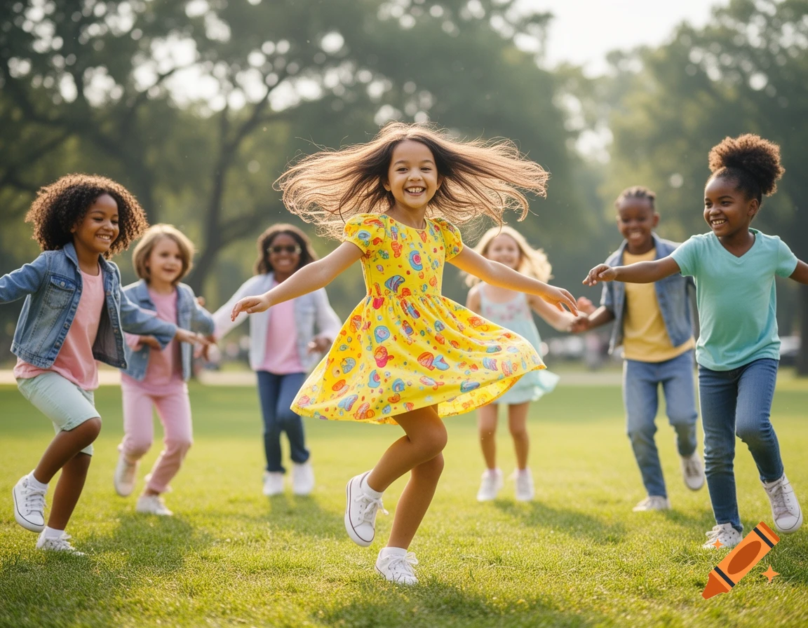 A group of diverse children happily playing and dancing in a sunny park.