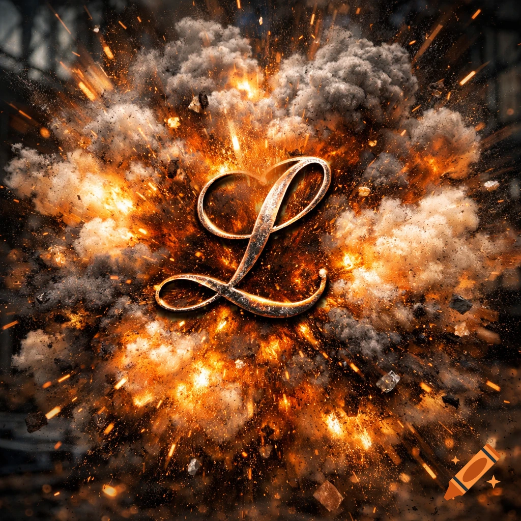 A stylized, metallic cursive letter L in the center of a fiery explosion, surrounded by smoke and debris.