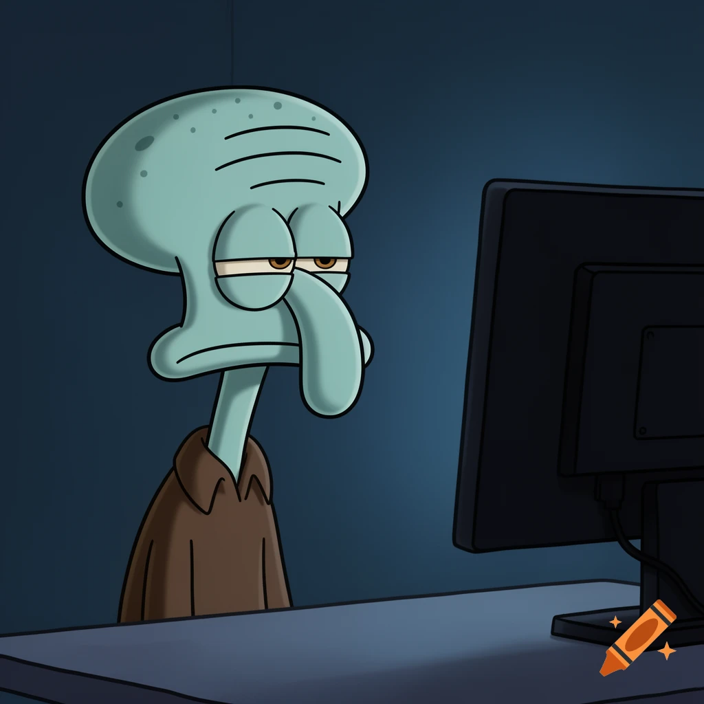 Digital cartoon of Squidward from SpongeBob SquarePants, looking tired and annoyed at a computer monitor in a dimly lit room.