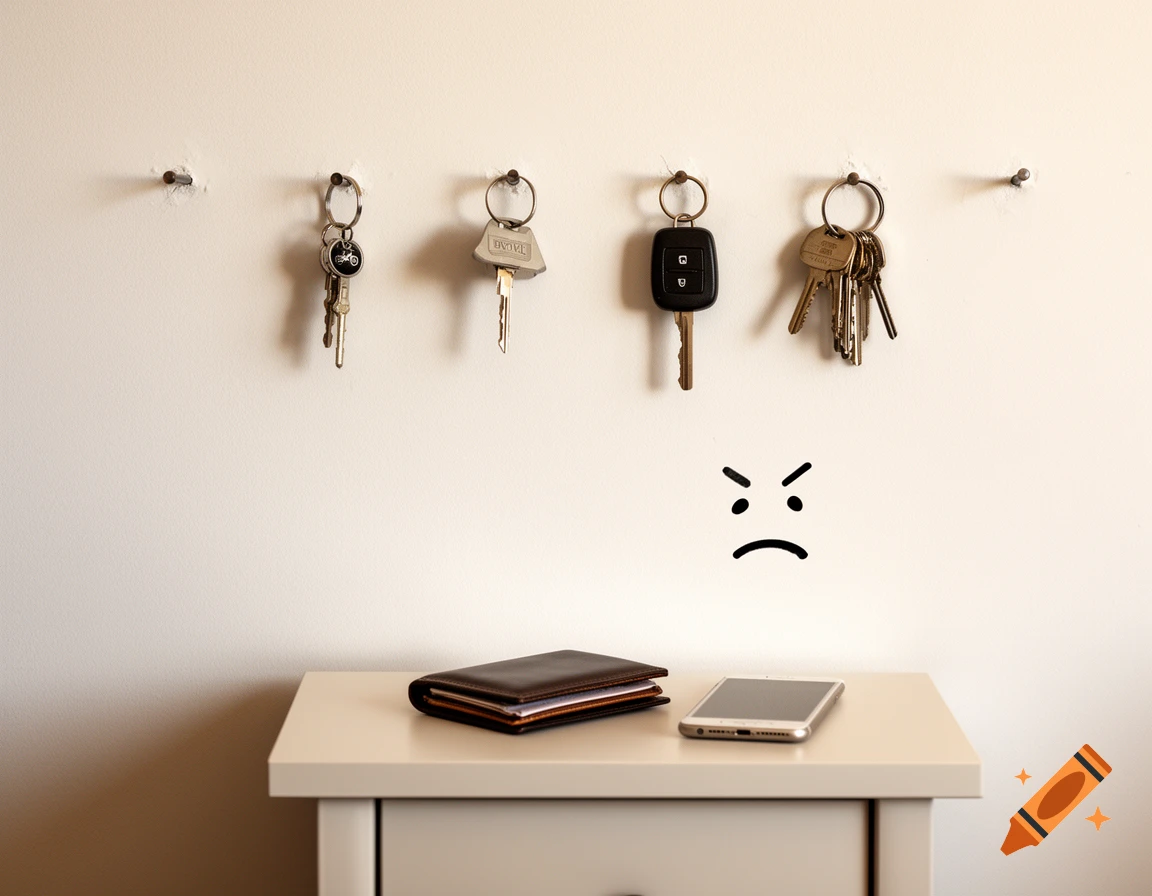 A white wall with five nails, four of which hold various keys and keychains. Below, on a small table, a wallet and a smartphone sit next to an angry drawn smiley face.