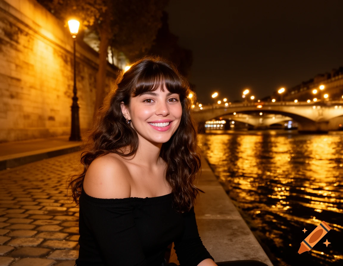 A smiling woman with dark hair in a black off-the-shoulder top sits by the Seine River at night, with golden city lights reflecting on the water and a bridge in the background.