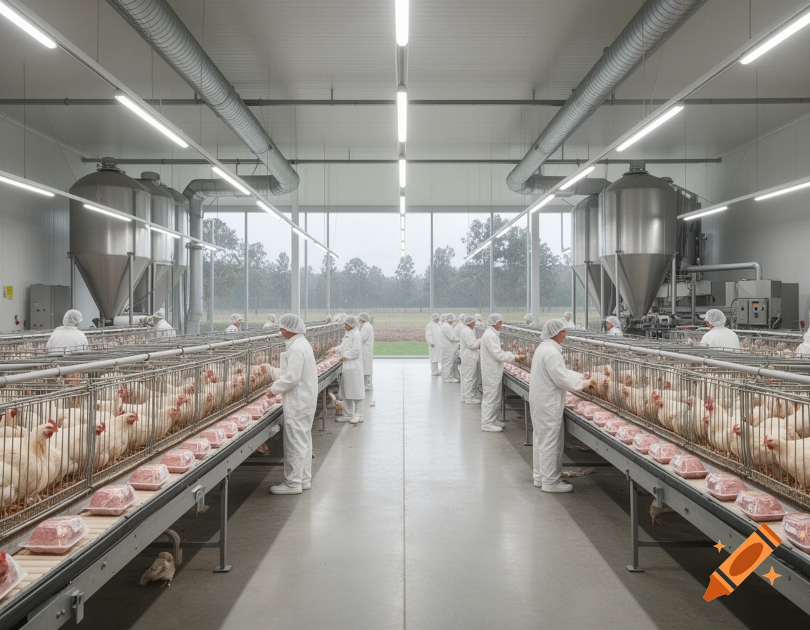 Workers in white suits attend to chickens in cages and packaged meat on conveyor belts in a brightly lit factory.
