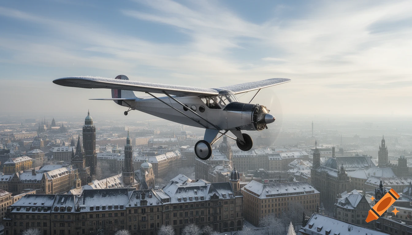 A silver vintage airplane with frosted wings flies over a snowy, hazy European city with tall buildings under a partly cloudy sky.