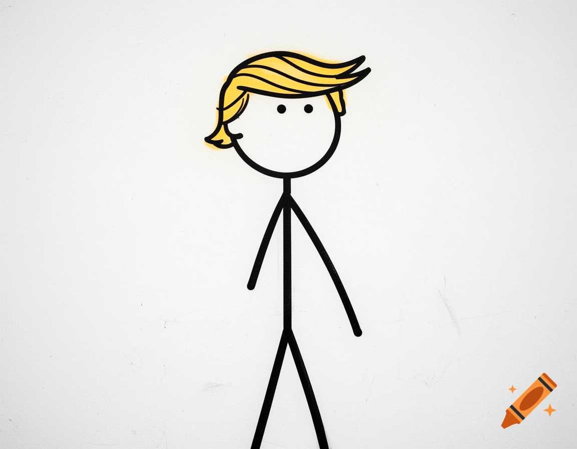 A simple stick figure drawing with yellow hair, reminiscent of Donald Trump, on a white background.