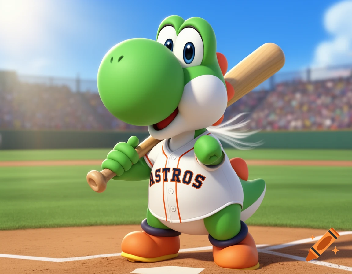 Yoshi, a green cartoon dinosaur, wears a white Astros baseball jersey and holds a wooden bat on a sunny baseball field.