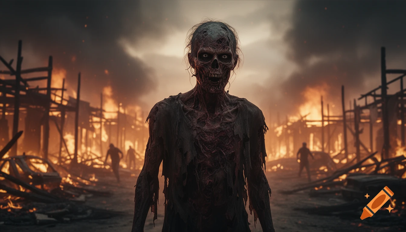 A photorealistic zombie stands in the foreground of a burning, post-apocalyptic town under a dark, smoky sky.
