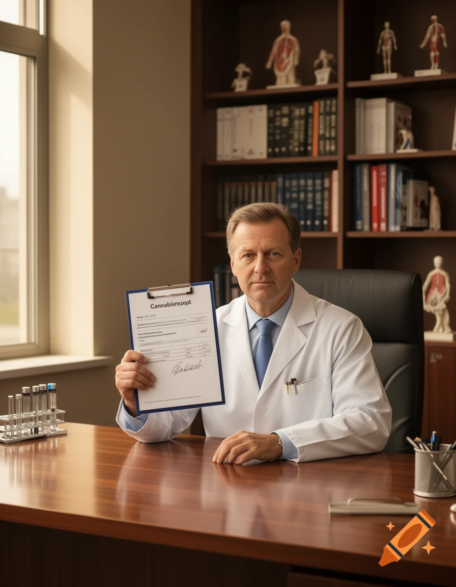 A male doctor in a white lab coat sits at a desk, holding up a cannabis prescription form. Photorealistic.