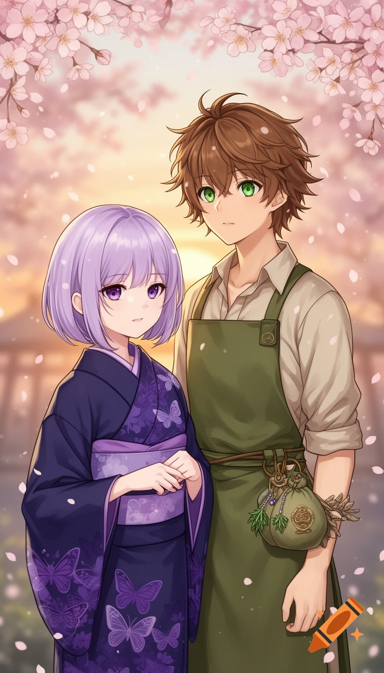 Anime style illustration of a purple-haired girl in a kimono and a brown-haired boy in an apron under pink cherry blossoms.