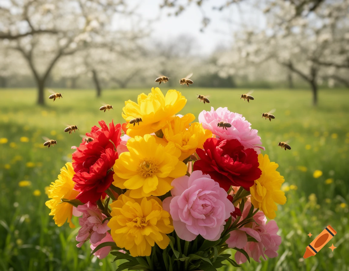 A vibrant bouquet of red, yellow, and pink flowers in a sunny spring field, surrounded by several flying bees and blooming trees in the background.