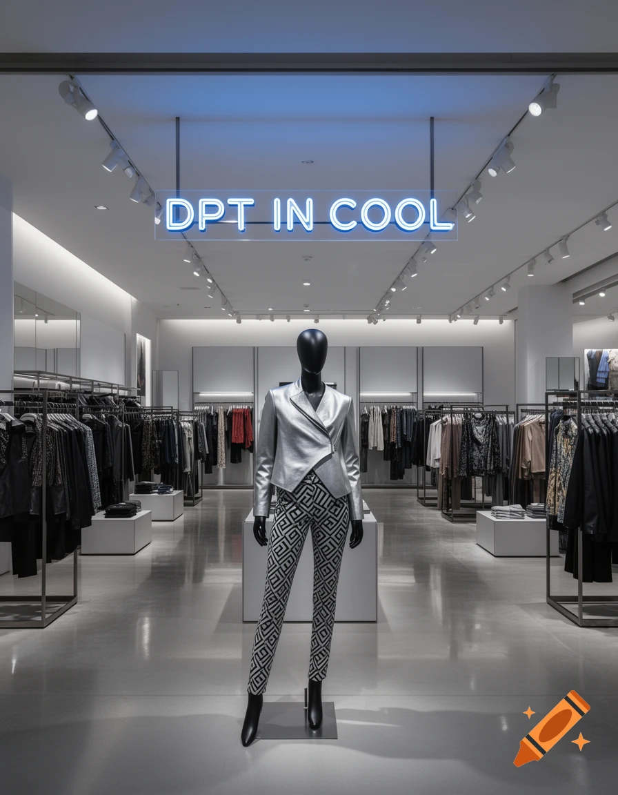 A modern clothing store interior with a mannequin in a silver jacket and patterned pants, under a neon sign that reads 'DPT IN COOL'.