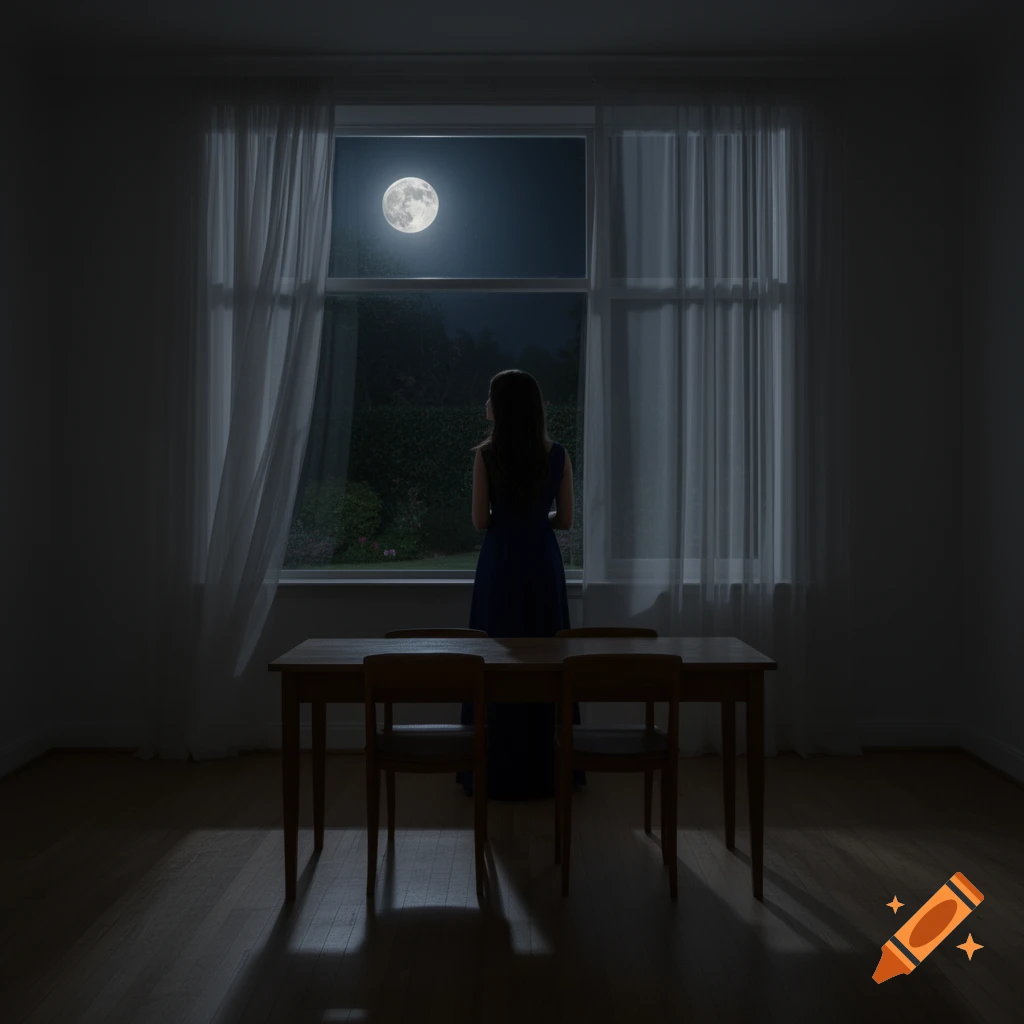 A woman stands in a dimly lit room, looking out a window at a full moon in the night sky. A dining table and two chairs are in the foreground.