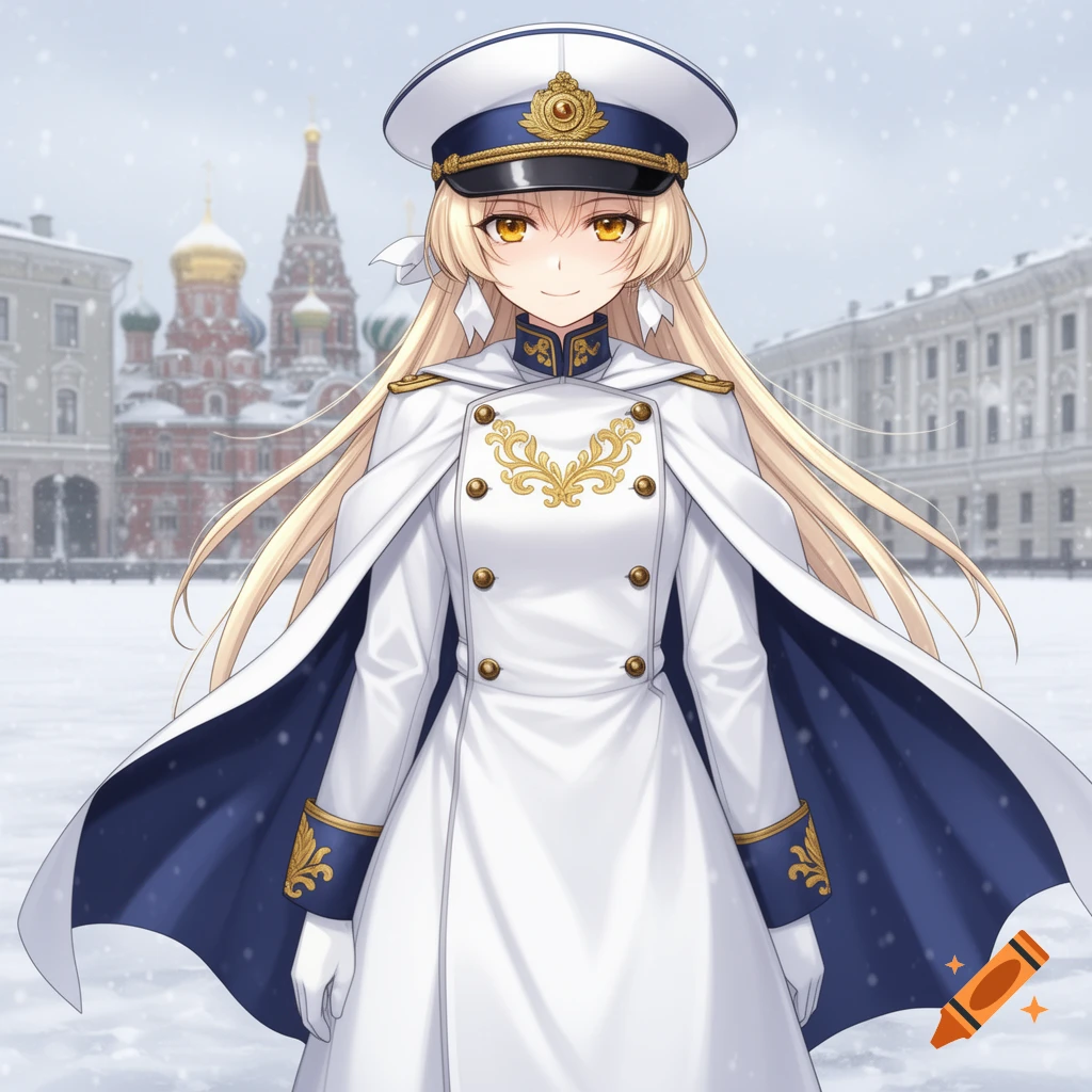 An anime girl with blonde hair and golden eyes, wearing a white and blue general's uniform and cape, stands in a snowy Russian city square with St. Basil's Cathedral.