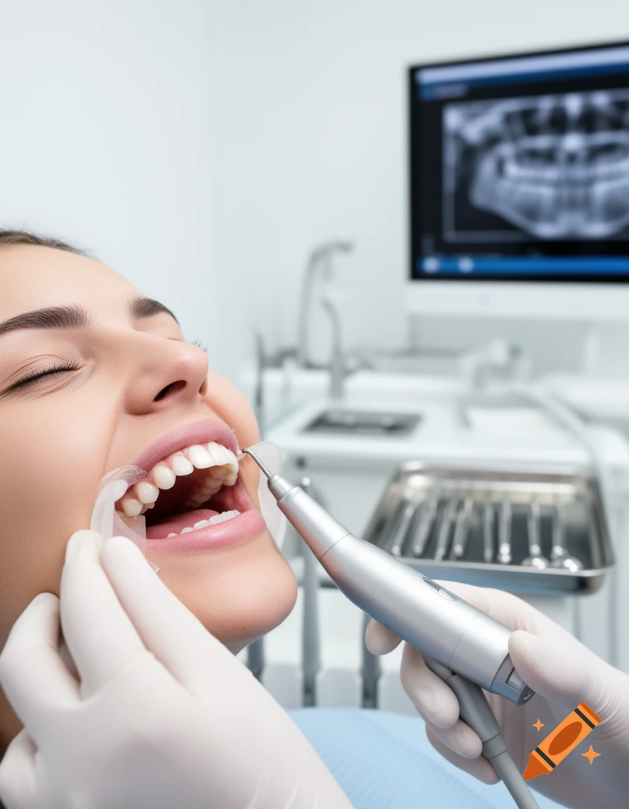 Close-up of a woman in a dental chair, dentist's gloved hands using a tool on her teeth. Photorealistic.