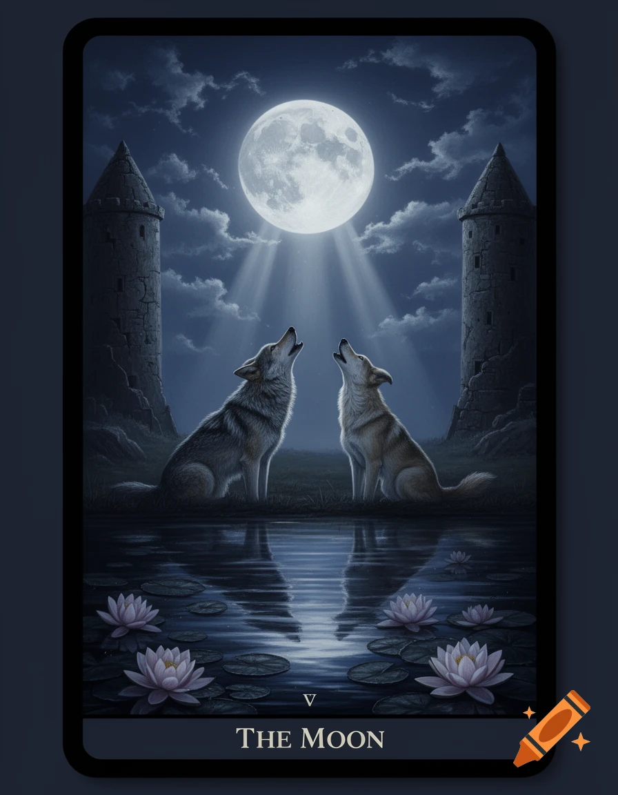 A dark tarot card illustration depicting two wolves howling at a bright full moon, flanked by two medieval towers above water with water lilies. The card reads 'THE MOON'.