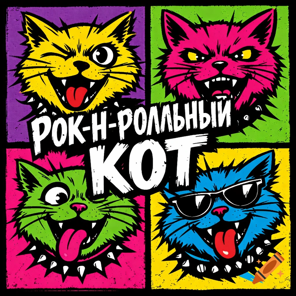 A 2x2 pop-art grid of four stylized, punk rock cats in bright colors, with text "ROCK-N-ROLL CAT" overlaid.