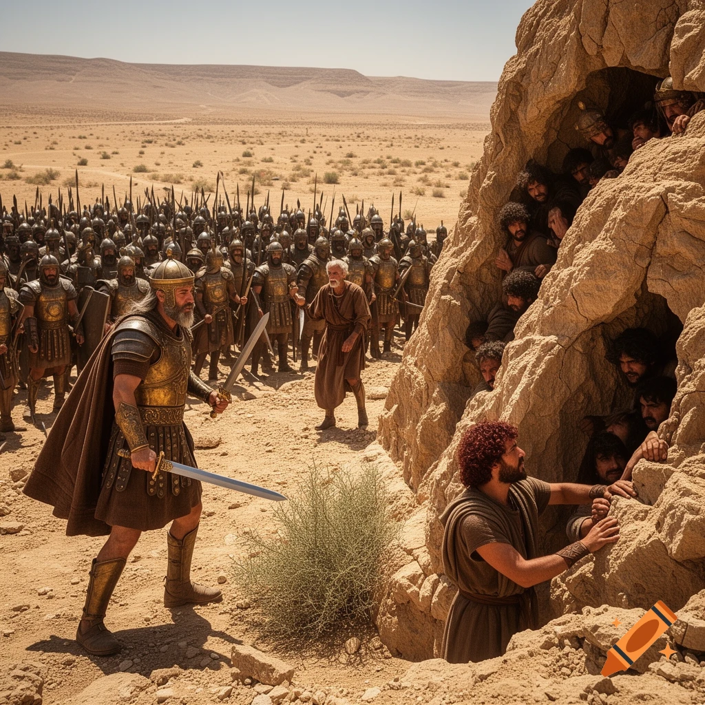 Photorealistic image of a warrior king and a large ancient army in a desert confronting a man and his rebels hiding in a rocky cave.