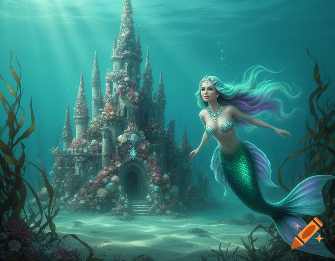 A beautiful mermaid with flowing turquoise hair and a green tail swims past an ornate, coral-covered castle in a vibrant underwater scene.