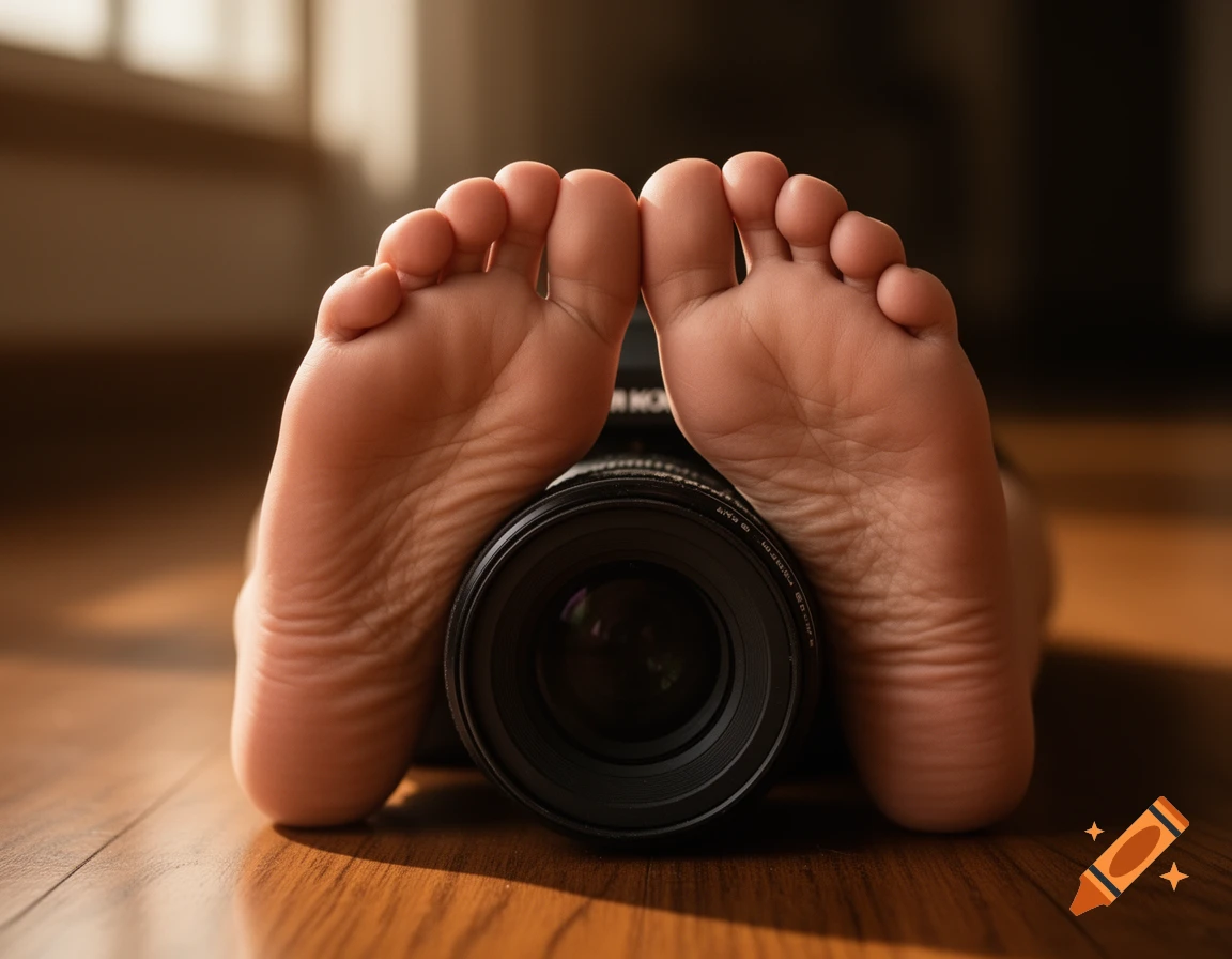 Two bare feet rest on a black camera lens on a warm wooden floor, bathed in soft side lighting.
