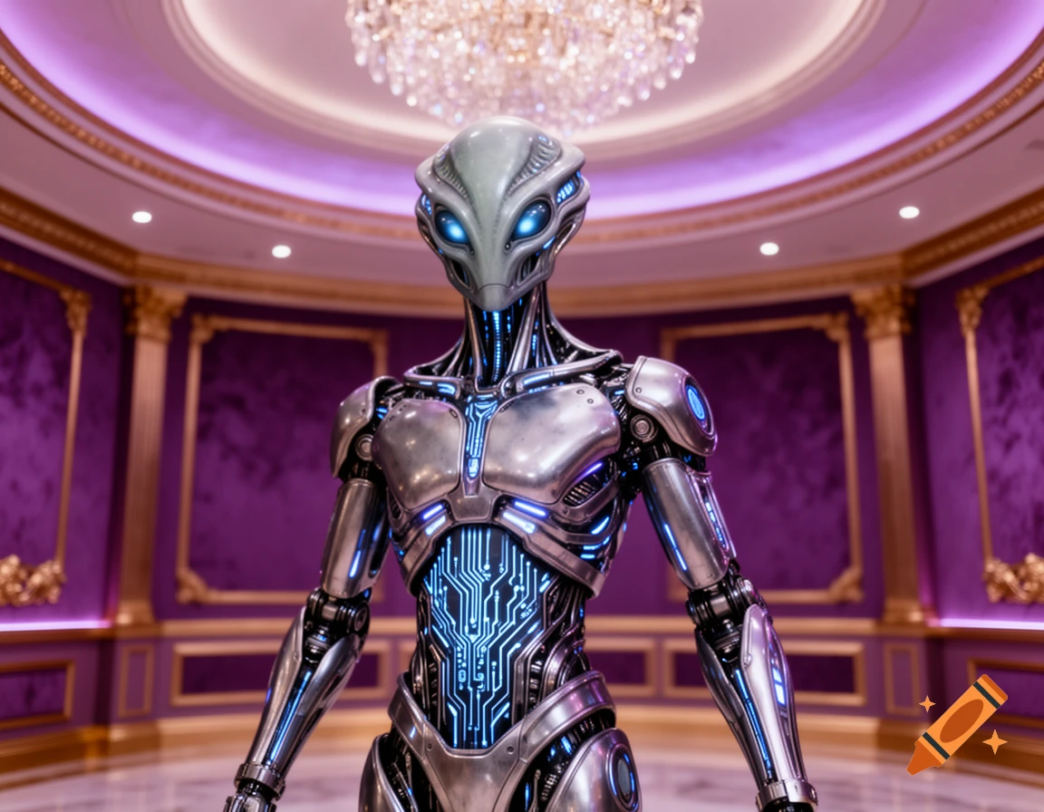 A photorealistic alien robot with glowing blue circuits stands in a ...