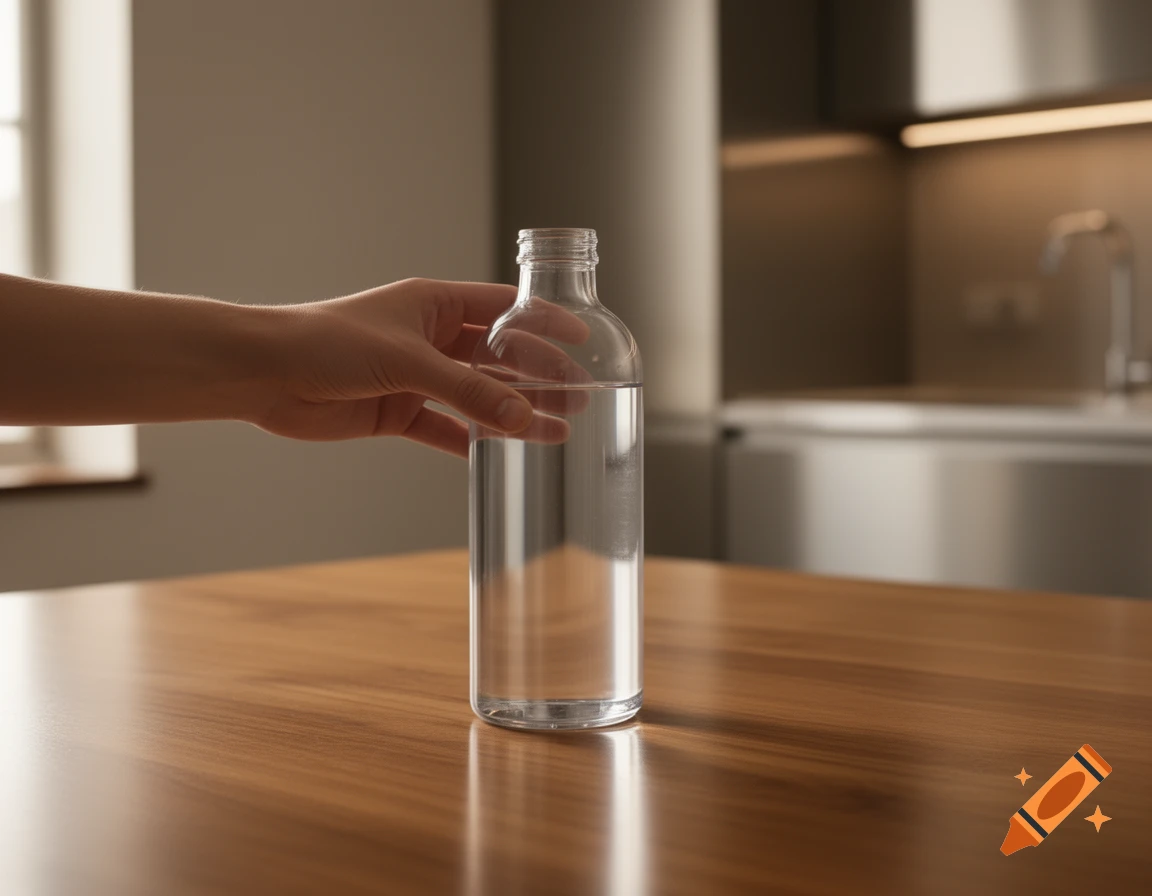 A hand gently holds a clear glass bottle of water on a wooden table, with a modern kitchen in the soft-focus background.