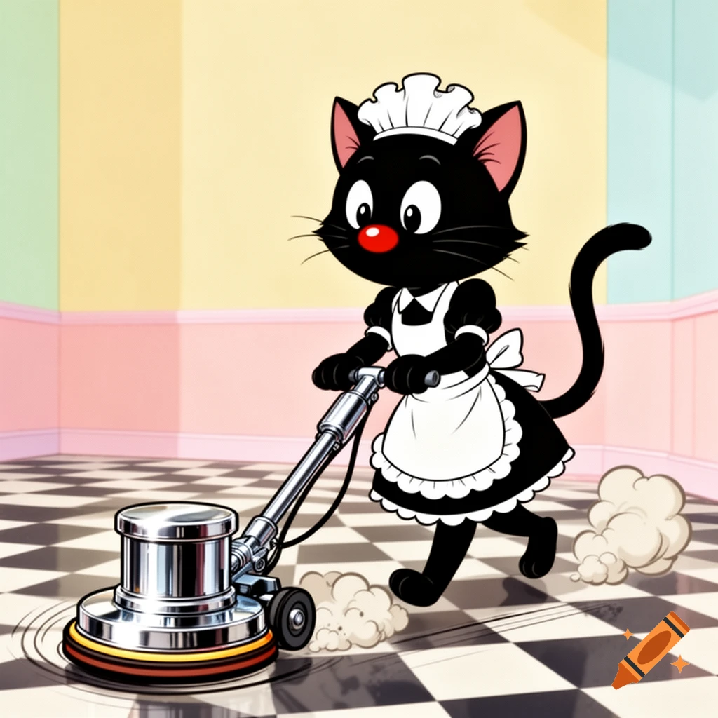 A cartoon black cat wearing a maid outfit operates a floor buffer on a checkered floor in a brightly colored room.