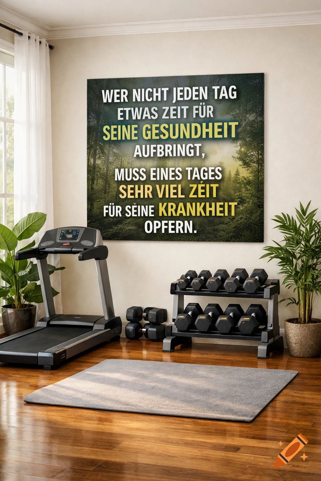 Photorealistic home gym with a treadmill, dumbbells on a rack, and a large motivational poster on the wall.